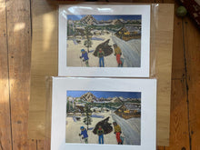 Load image into Gallery viewer, A4 Print of Mother with Boys skiing in Courmayeur with Mount 12&quot;x10&quot;
