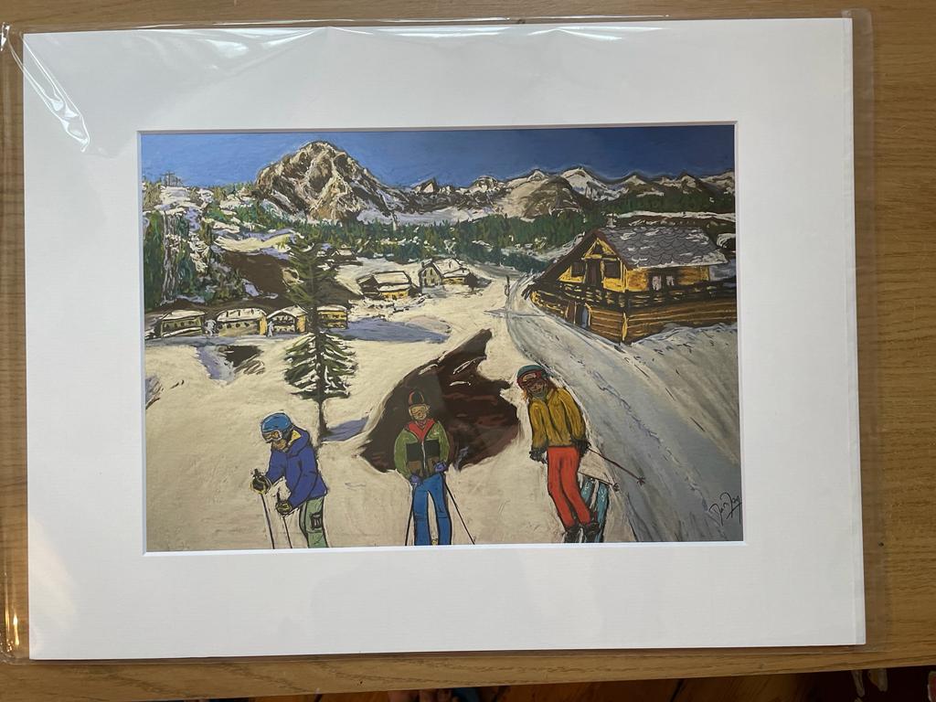 An A4 print of a Mother with her Boys Skiing in Courmayeur with a 16