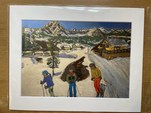 Load image into Gallery viewer, A4 Print of Mother with Boys skiing in Courmayeur with Mount 12&quot;x10&quot;
