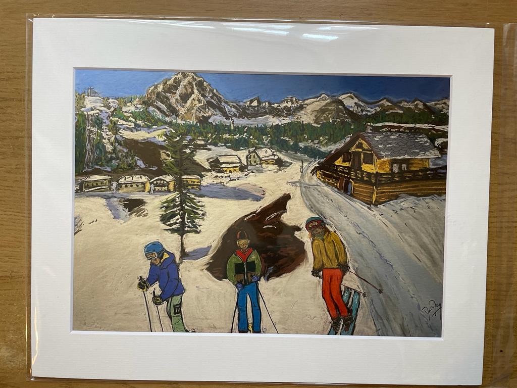 A4 Print of Mother with Boys skiing in Courmayeur with Mount 12