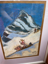 Load image into Gallery viewer, Painting of vintage snowcat taking skiers up the mountain in Switzerland
