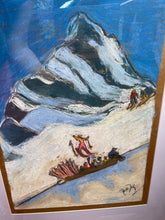 Load image into Gallery viewer, Painting of vintage snowcat taking skiers up the mountain in Switzerland
