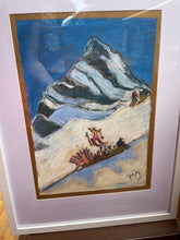 Load image into Gallery viewer, Painting of vintage snowcat taking skiers up the mountain in Switzerland
