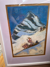 Load image into Gallery viewer, Painting of vintage snowcat taking skiers up the mountain in Switzerland
