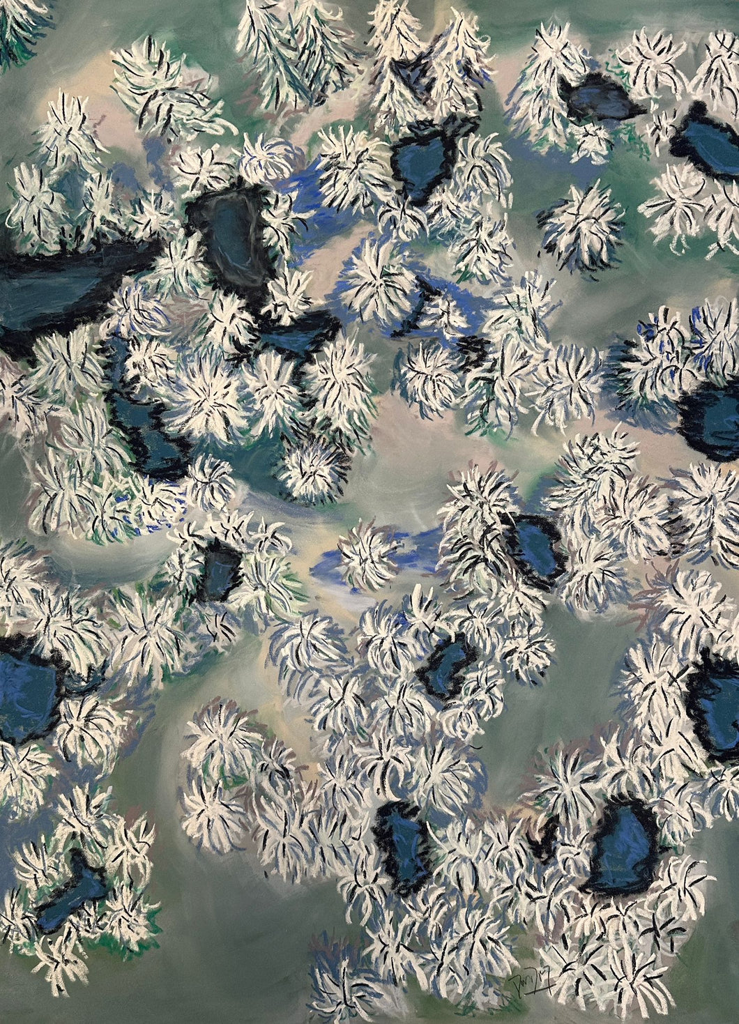 Snowy Pine Trees Seen from Above Painting