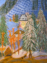Load image into Gallery viewer, Vail Village Clock and Wooden Bridge with Christmas Lights
