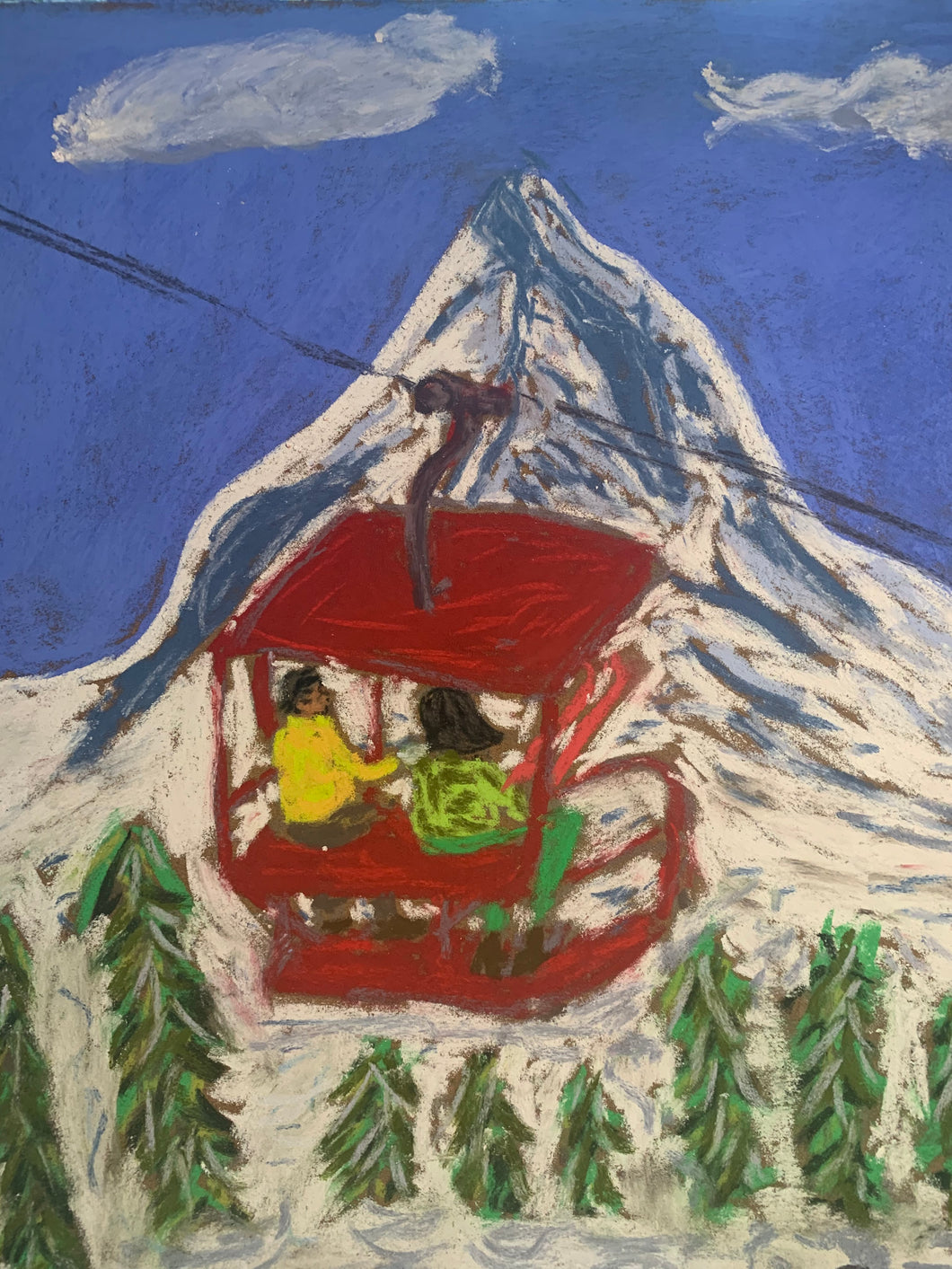 Painting of a couple on an old chairlift in Zermatt with Matterhorn