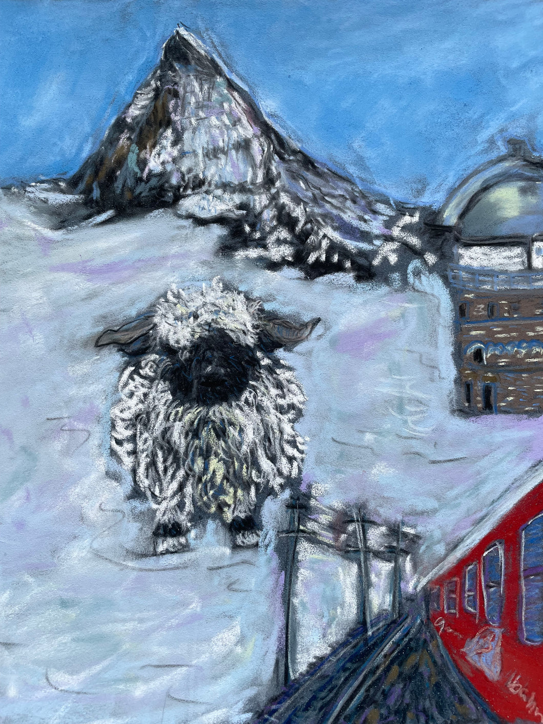 Painting of black-head sheep in the Gornergrat in Zermatt