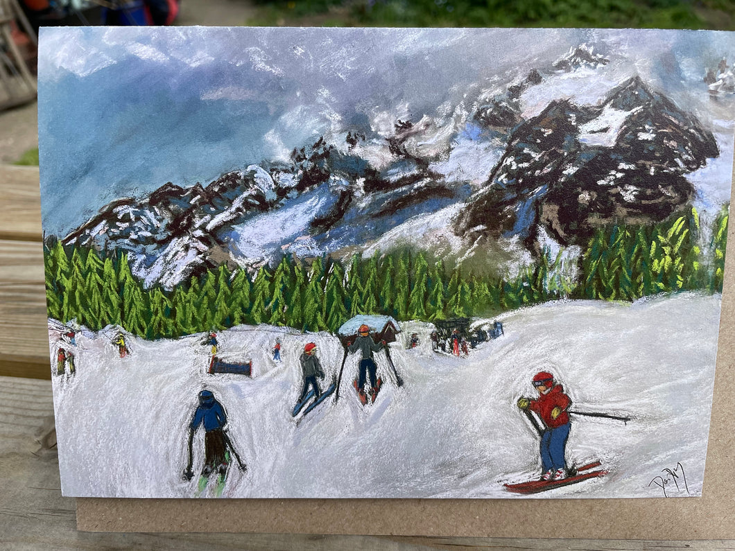 Greeting Card of Kids Skiing Behind Maison Vielle