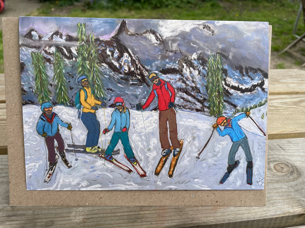 Greeting Cards of Two Fathers and Kids in Courmayeur with Dent du Géant