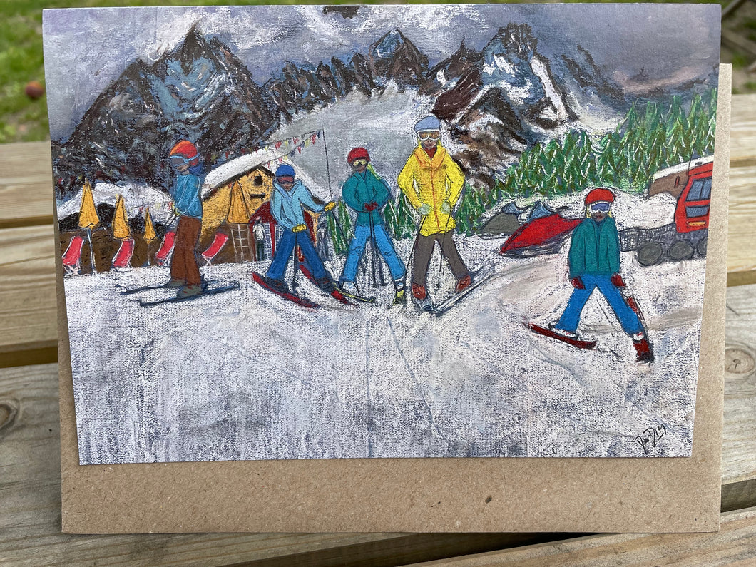 Greeting Card of Skiers in front of Maison Vielle in Courmayeur