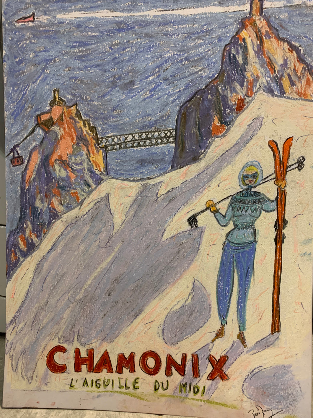 Painting with lady with skis in the Aiguille du Midi in Chamonix